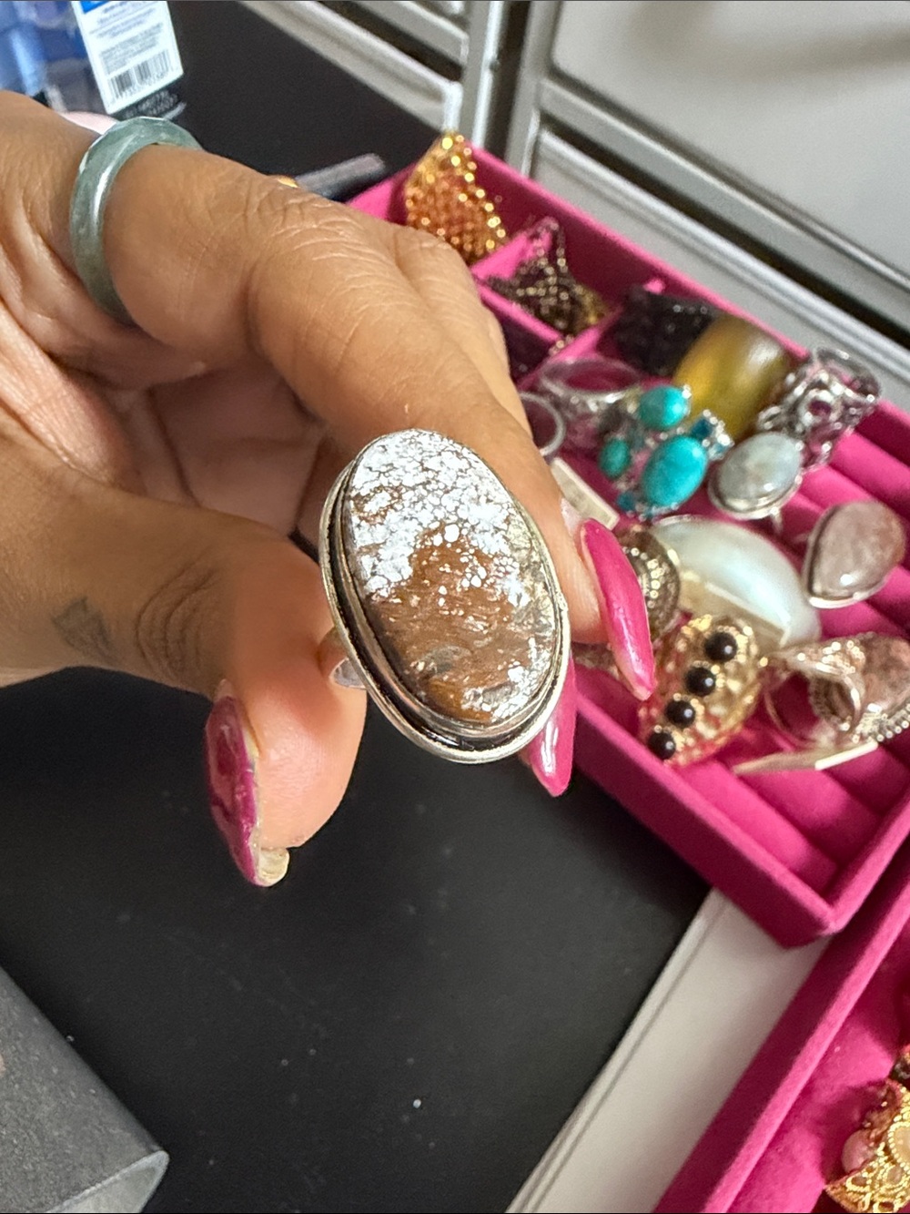 925 stamped Silver Oval Brown and White Stone Statement Ring